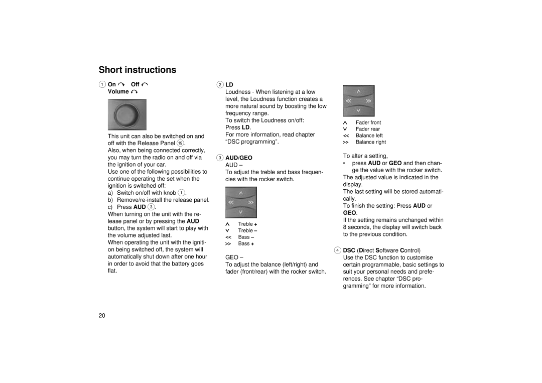 Blaupunkt RCM 85 operating instructions Short instructions, On Off Volume, Aud/Geo Aud 