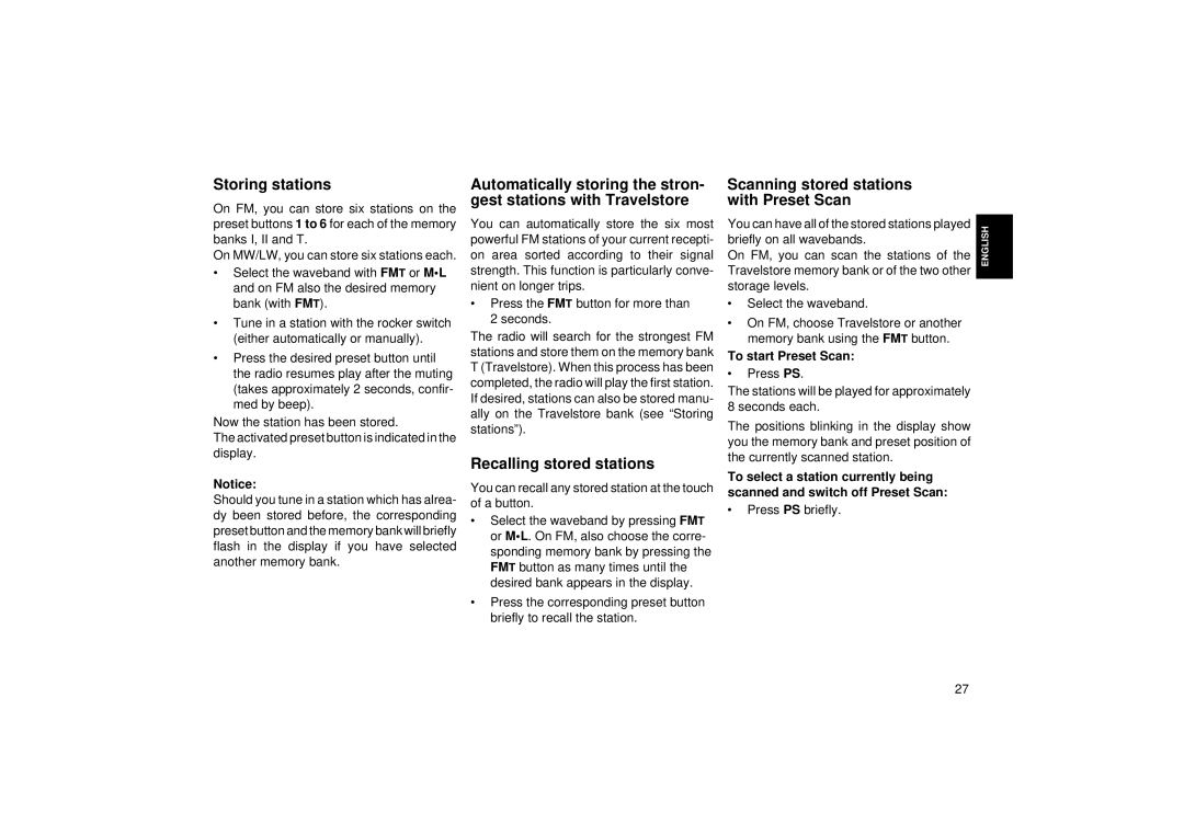 Blaupunkt RCR 126 operating instructions Storing stations, Recalling stored stations, To start Preset Scan 