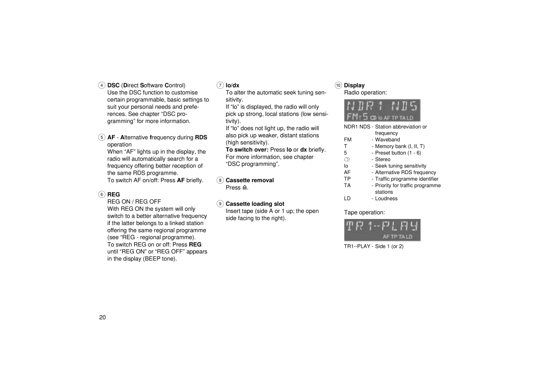 Blaupunkt RCR 126 operating instructions Lo/dx, Display, Radio operation, Tape operation 