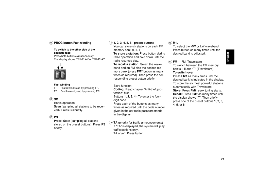 Blaupunkt RCR 126 operating instructions Prog button/Fast winding, = Ps, 3, 4, 5, 6 preset buttons, @ Ml, To switch over 