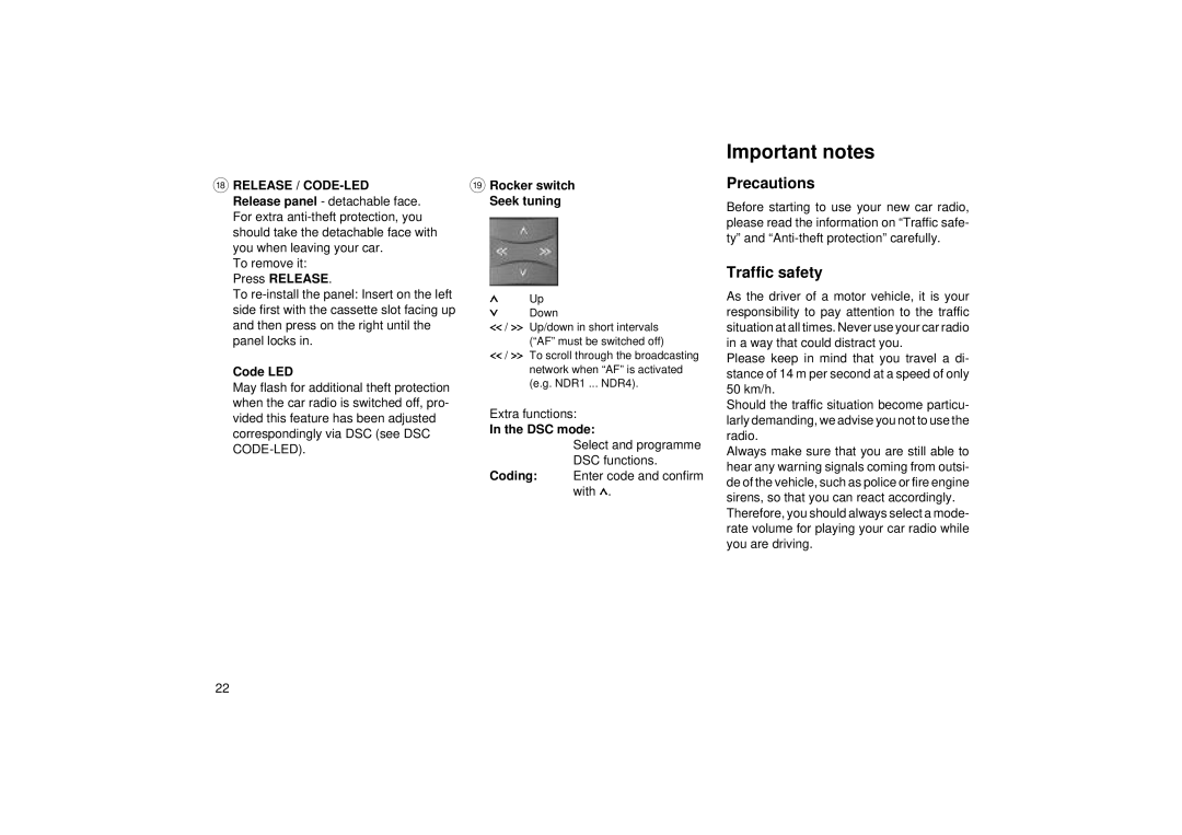 Blaupunkt RCR 126 operating instructions Important notes, Precautions, Traffic safety 