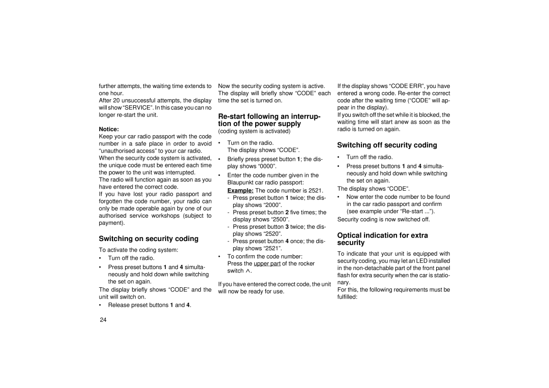 Blaupunkt RCR 126 Re-start following an interrup, Tion of the power supply, Switching on security coding 