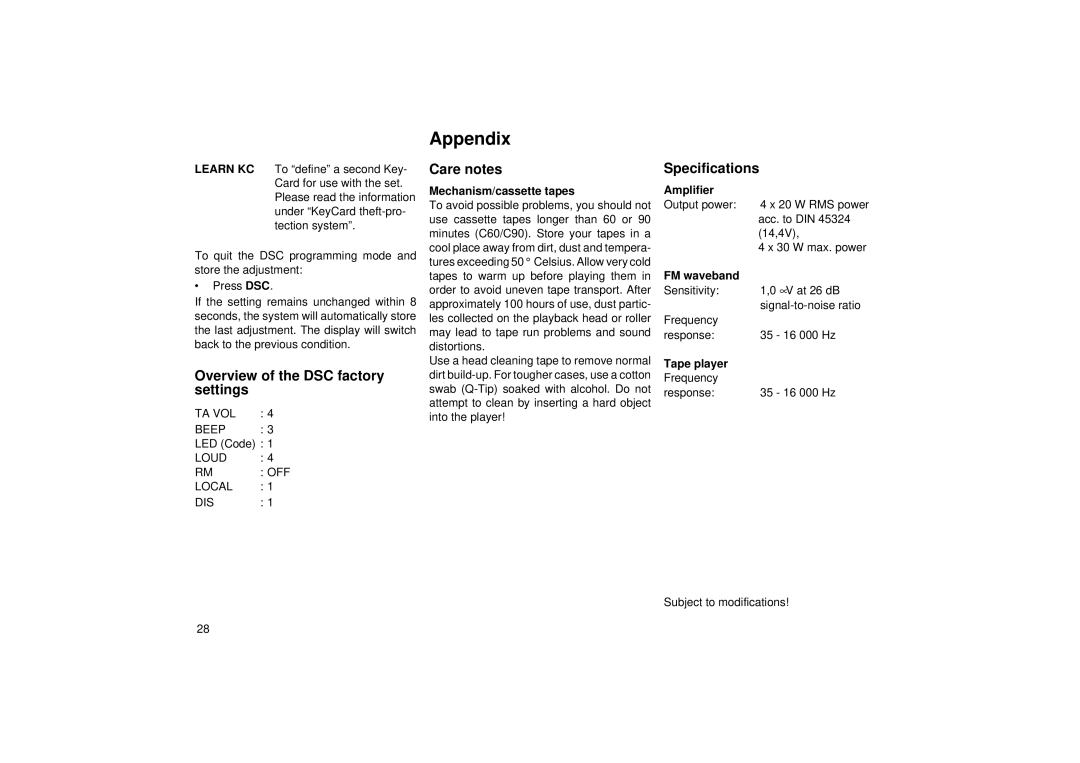 Blaupunkt RCR 126 operating instructions Appendix, Overview of the DSC factory settings, Care notes, Specifications 