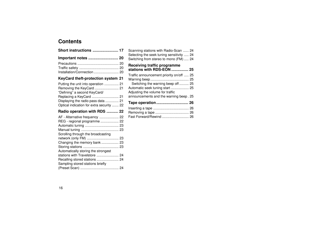 Blaupunkt RCR 126 operating instructions Contents 