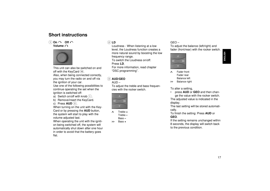 Blaupunkt RCR 126 operating instructions Short instructions, On Off Volume, To alter a setting, Adjusted value is indicated 