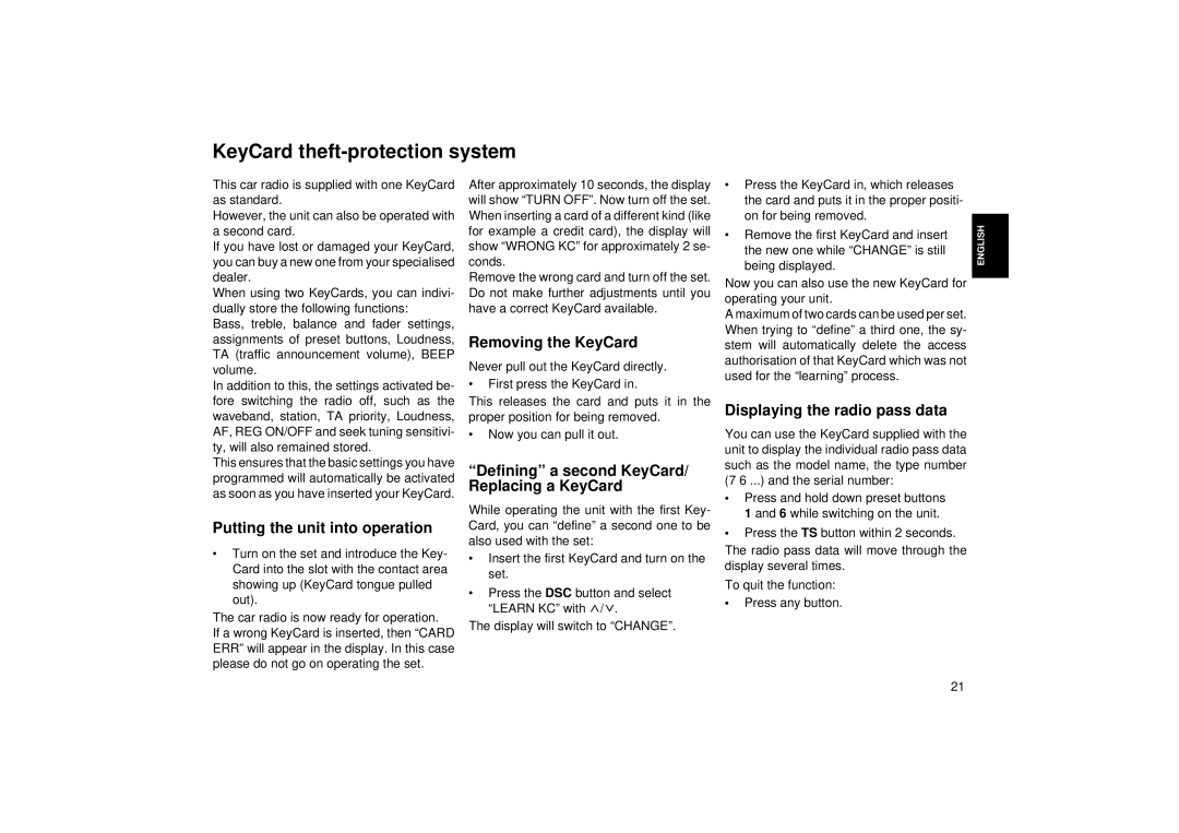 Blaupunkt RCR 126 KeyCard theft-protection system, Putting the unit into operation Removing the KeyCard 