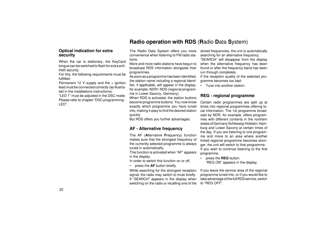 Blaupunkt RCR 126 Radio operation with RDS Radio Data System, REG regional programme, AF Alternative frequency 