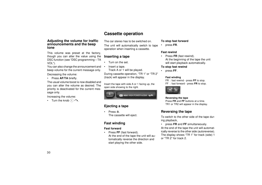 Blaupunkt RCR 127 Cassette operation, Inserting a tape, Ejecting a tape, Reversing the tape, Fast winding 