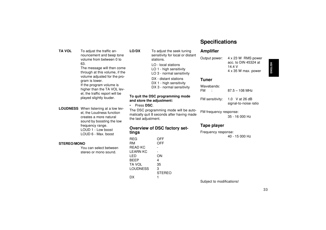 Blaupunkt RCR 127 operating instructions Specifications, Amplifier, Tuner, Overview of DSC factory set Tape player 