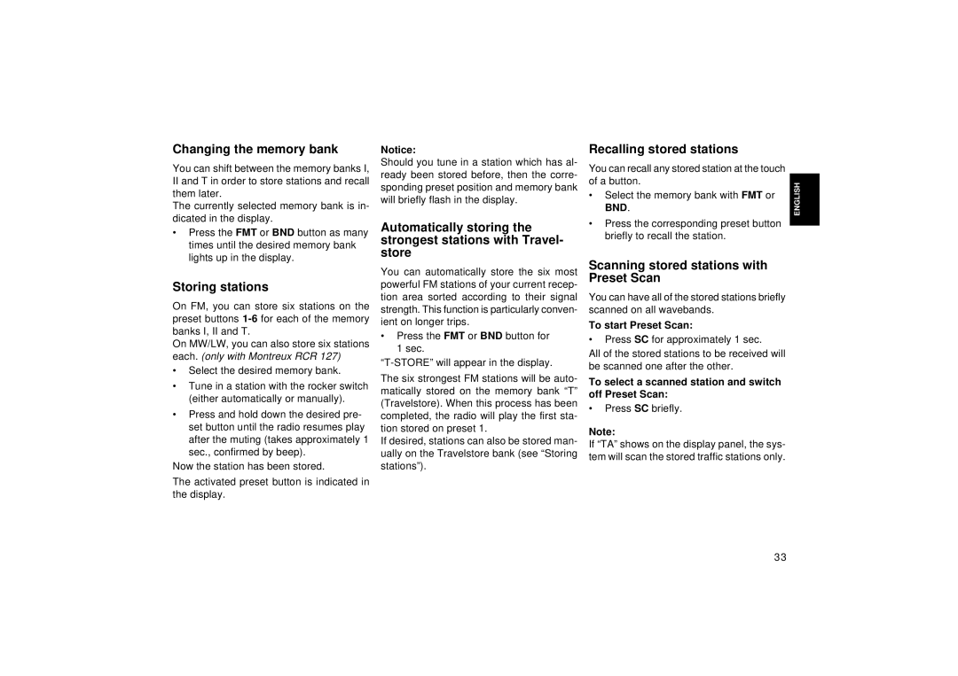 Blaupunkt RCR 127 operating instructions Changing the memory bank, Storing stations, Recalling stored stations 