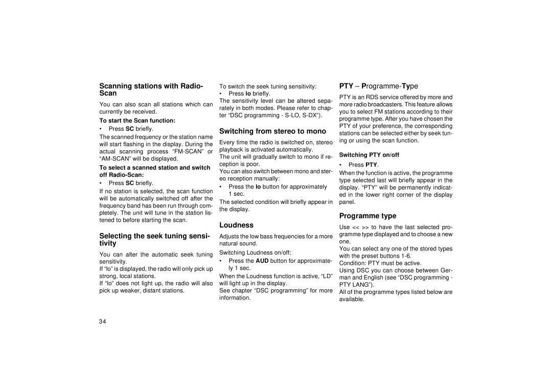 Blaupunkt RCR 127 Scanning stations with Radio- Scan, Switching from stereo to mono, Loudness, Programme type 