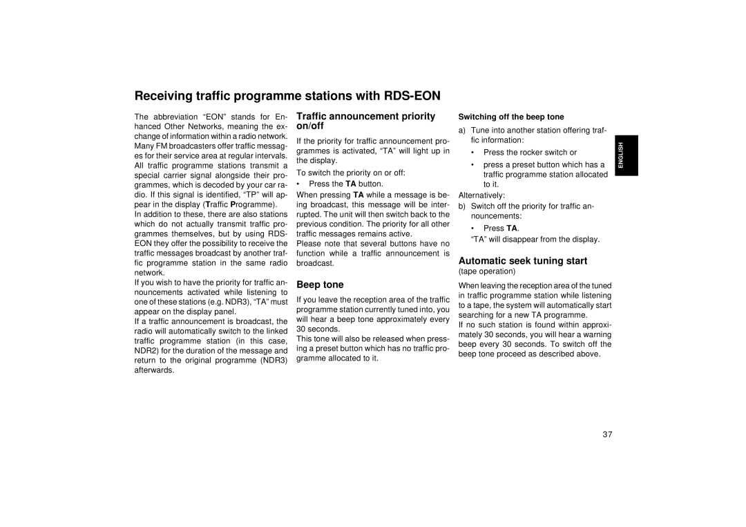 Blaupunkt RCR 127 Receiving traffic programme stations with RDS-EON, Traffic announcement priority, On/off, Beep tone 