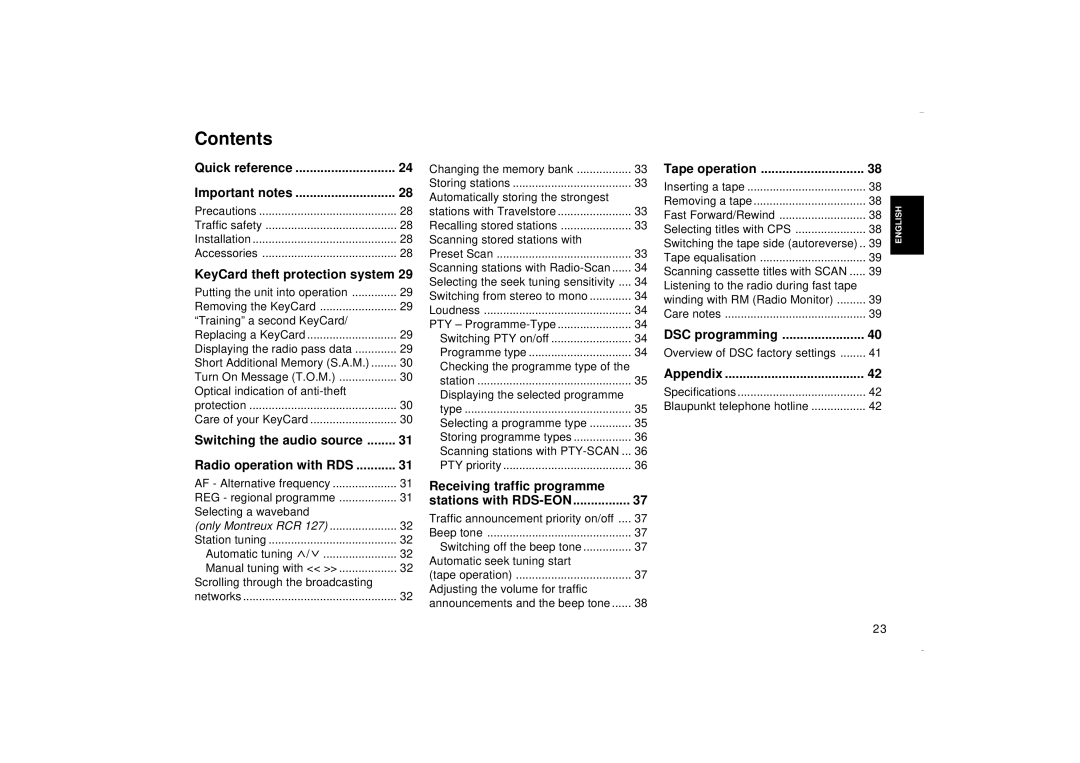 Blaupunkt RCR 127 operating instructions Contents 