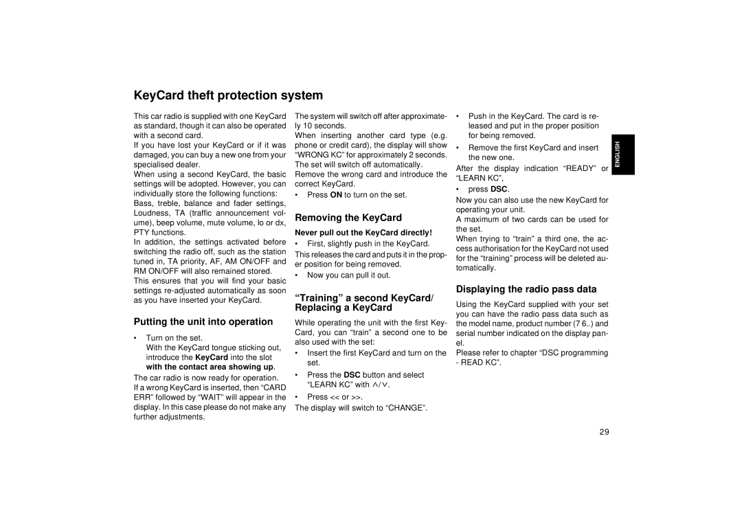 Blaupunkt RCR 127 operating instructions KeyCard theft protection system 