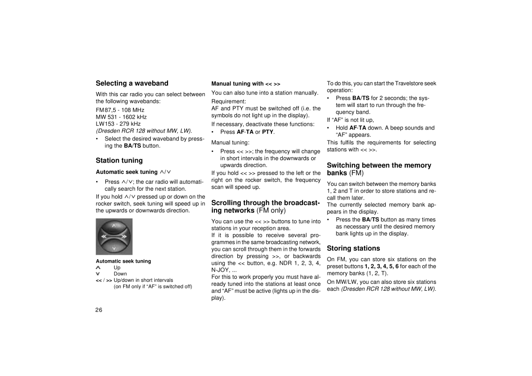 Blaupunkt RCR 128 Selecting a waveband, Station tuning, Scrolling through the broadcast- ing networks FM only 