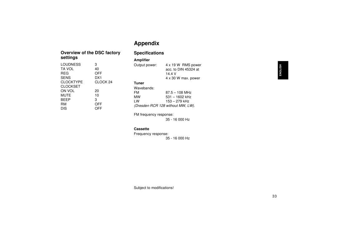 Blaupunkt RCR 128 operating instructions Appendix, Overview of the DSC factory settings, Specifications 