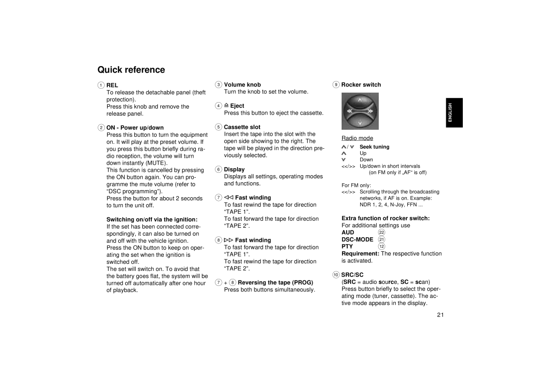 Blaupunkt RCR 128 operating instructions Quick reference, Rel, Aud F Dsc-Mode E Pty, Src/Sc 