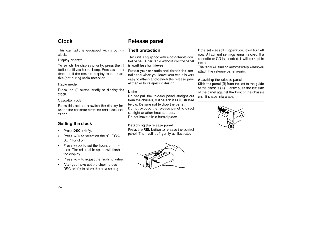 Blaupunkt RCR 128 operating instructions Clock, Setting the clock, Theft protection 