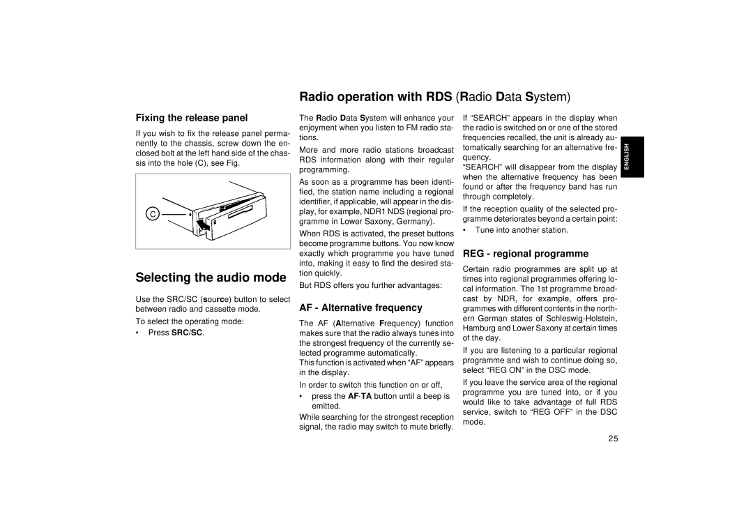 Blaupunkt RCR 128 Radio operation with RDS Radio Data System, Fixing the release panel, REG regional programme 