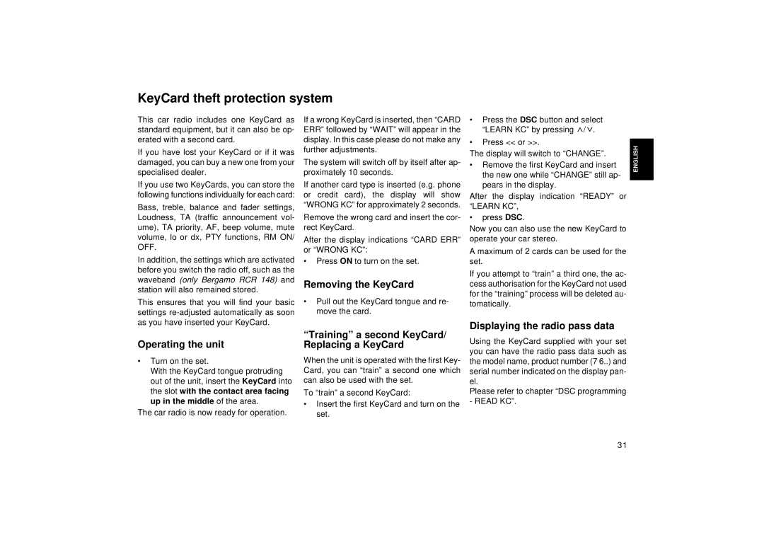 Blaupunkt RCR 148 operating instructions KeyCard theft protection system 