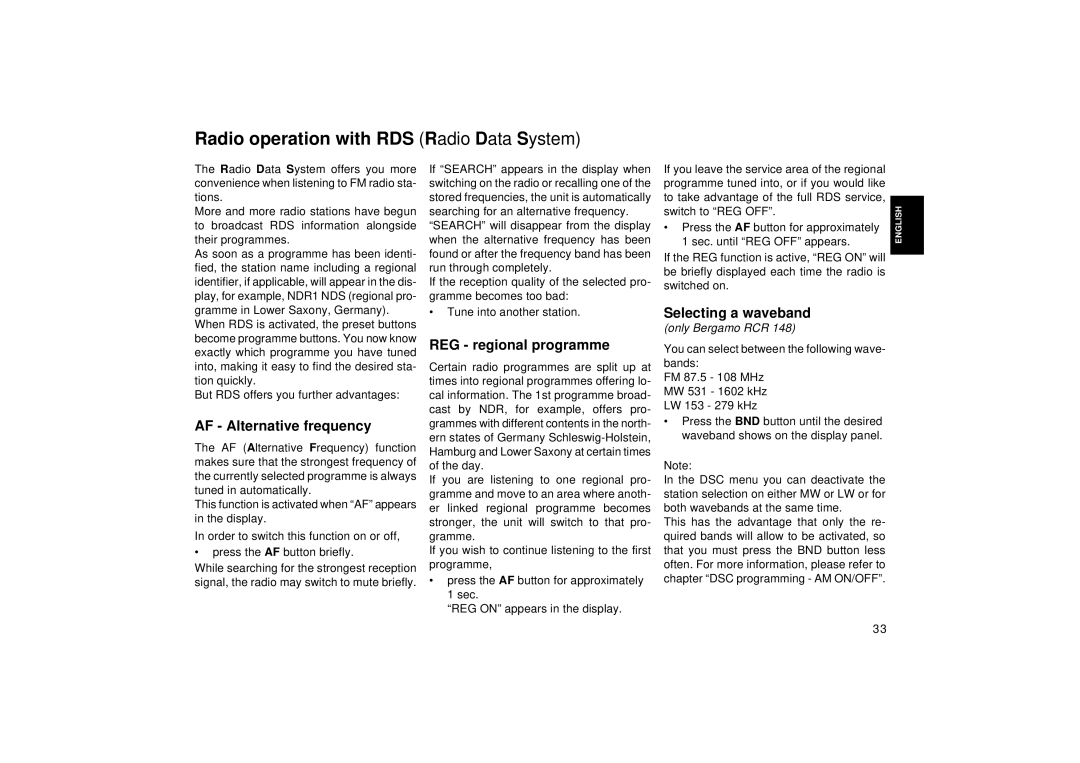 Blaupunkt RCR 148 Radio operation with RDS Radio Data System, Selecting a waveband, REG regional programme 