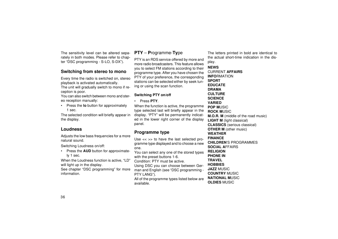 Blaupunkt RCR 148 operating instructions Switching from stereo to mono, Loudness, Programme type, News, Weather Finance 