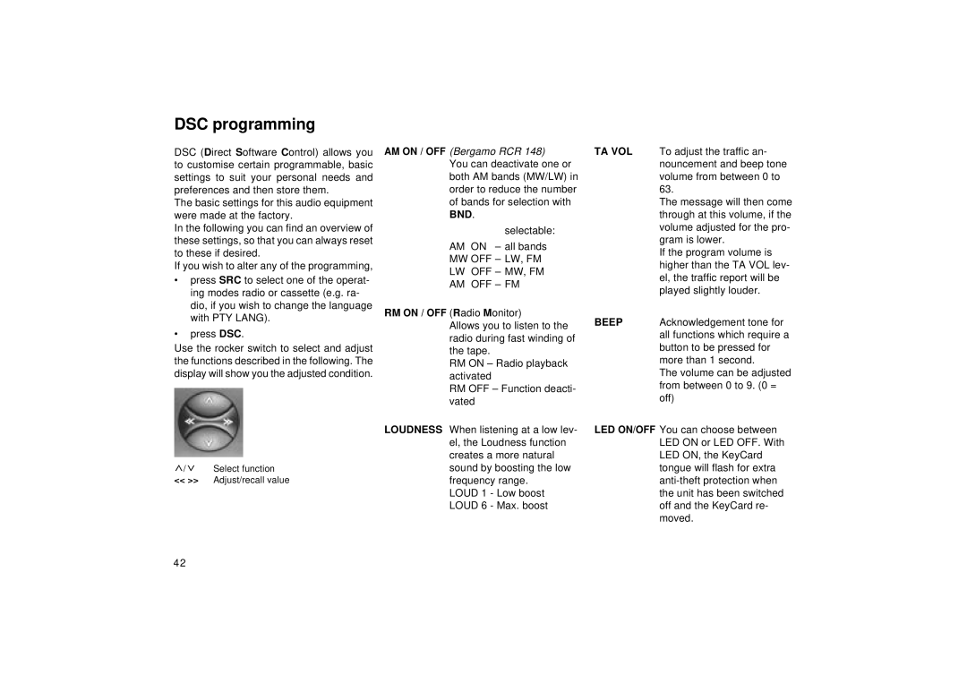 Blaupunkt RCR 148 operating instructions DSC programming, AM on / OFF Bergamo RCR 