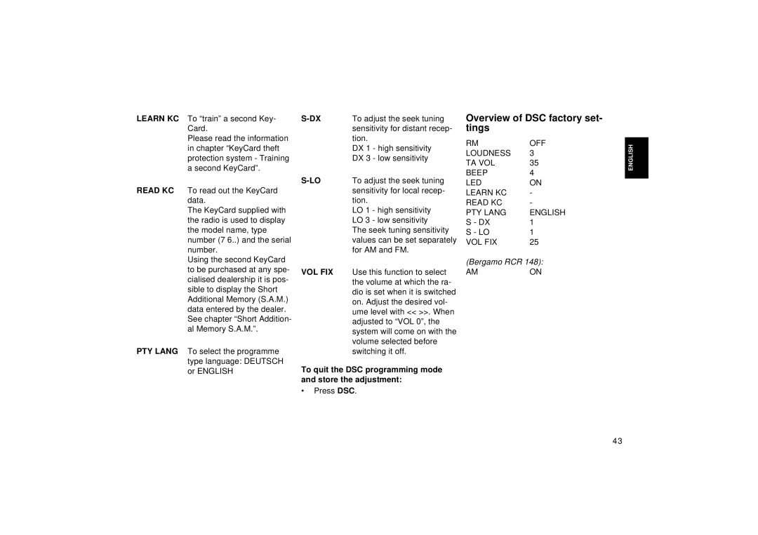 Blaupunkt RCR 148 Overview of DSC factory set- tings, Vol Fix, To quit the DSC programming mode and store the adjustment 