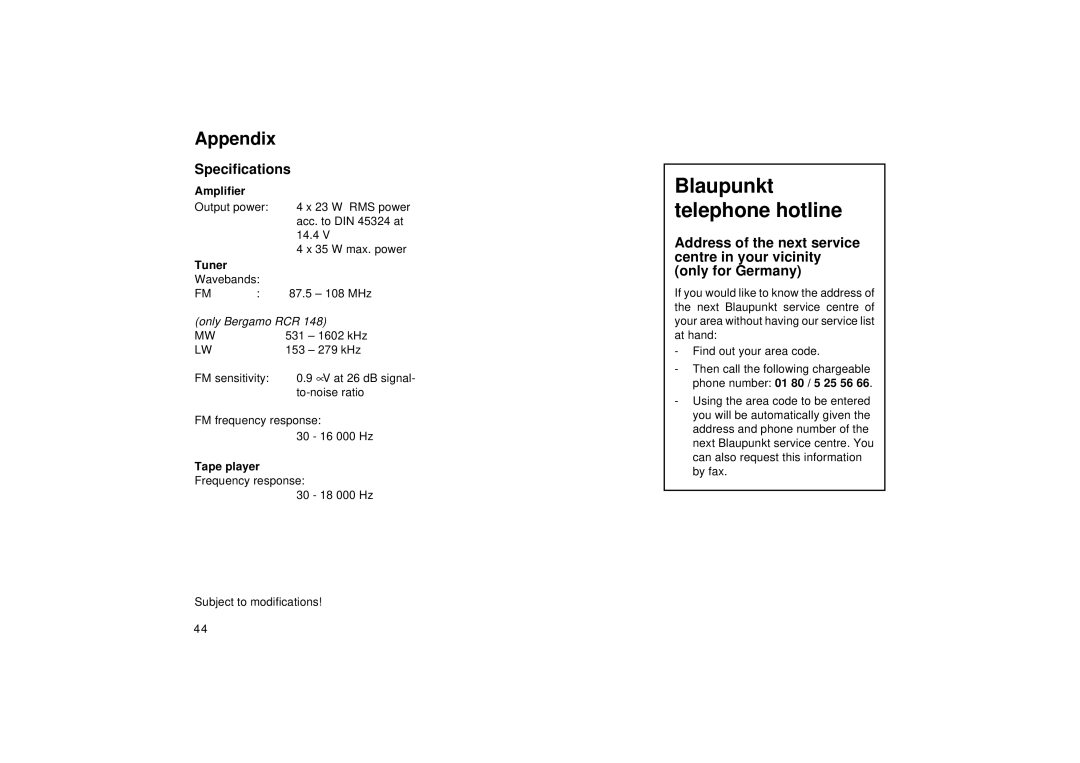 Blaupunkt RCR 148 operating instructions Appendix, Specifications, Tuner, Tape player 