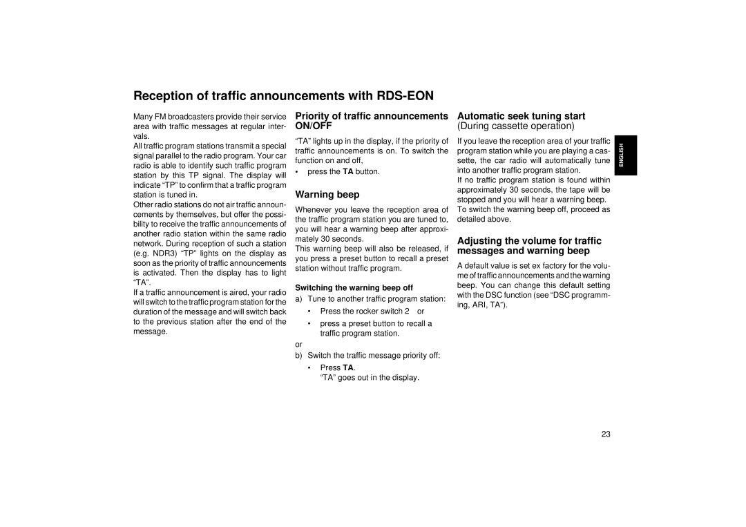 Blaupunkt RCR 45 operating instructions Reception of traffic announcements with RDS-EON, During cassette operation 