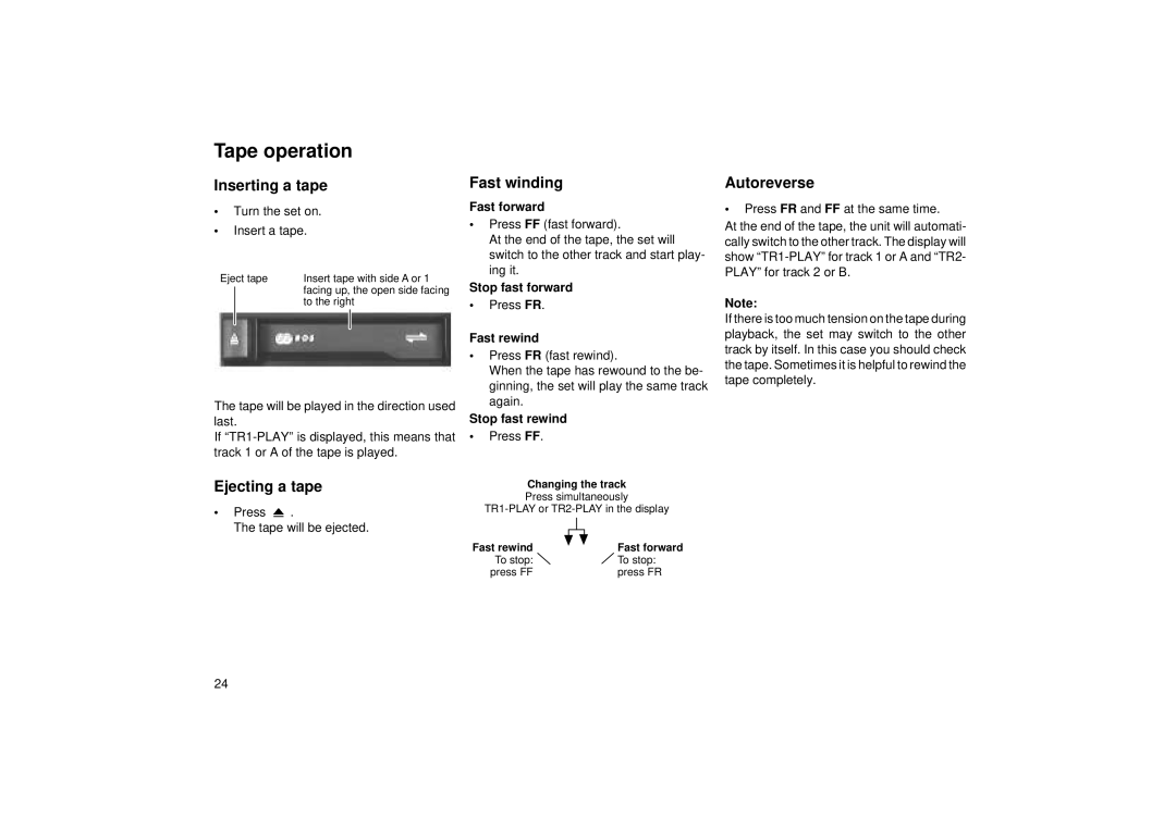 Blaupunkt RCR 45 operating instructions Tape operation, Inserting a tape, Ejecting a tape, Fast winding, Autoreverse 