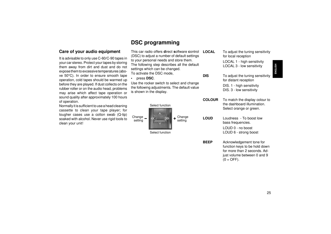 Blaupunkt RCR 45 operating instructions DSC programming, Care of your audio equipment 