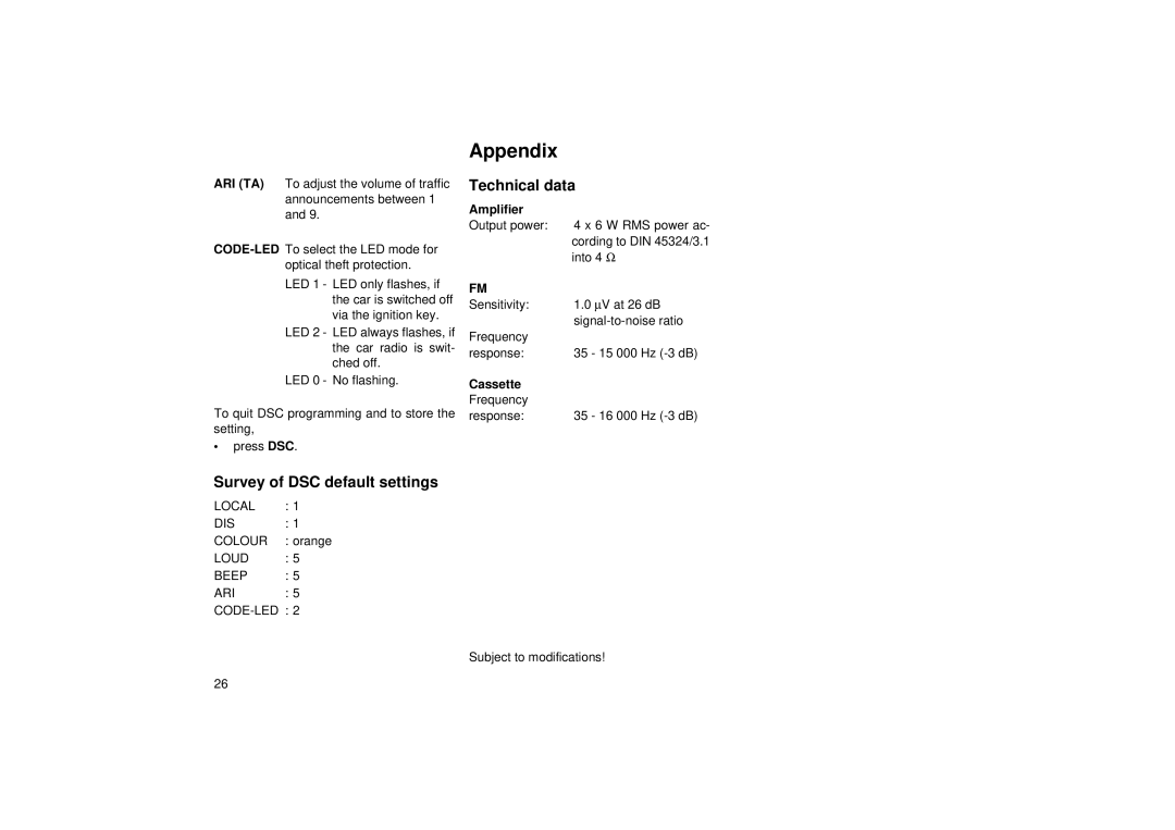 Blaupunkt RCR 45 operating instructions Appendix, Technical data, Survey of DSC default settings, Cassette 