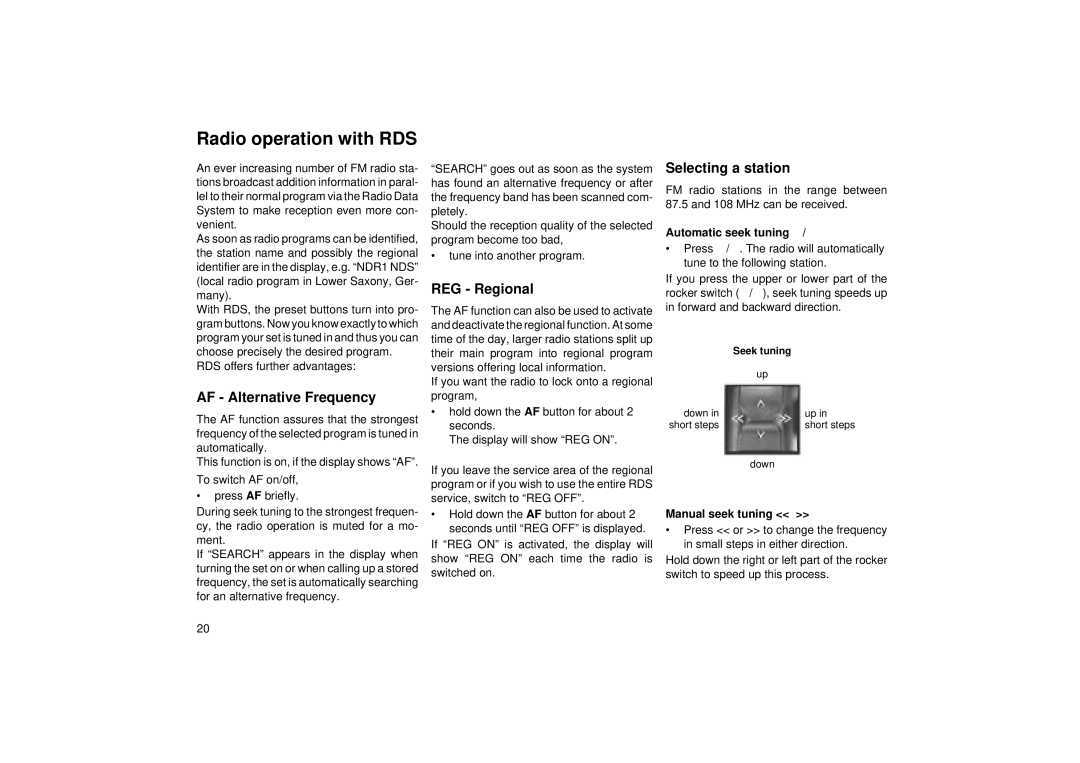 Blaupunkt RCR 45 Radio operation with RDS, AF Alternative Frequency, REG Regional, Selecting a station 