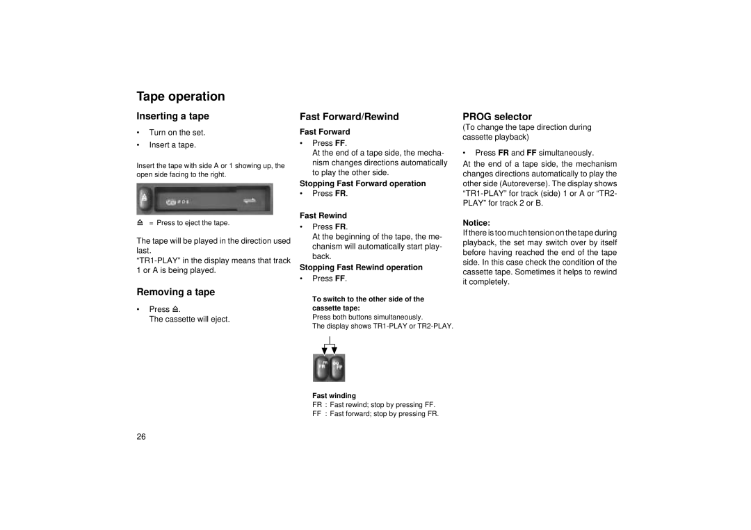 Blaupunkt RCR 45 operating instructions Tape operation, Inserting a tape, Prog selector, Removing a tape 