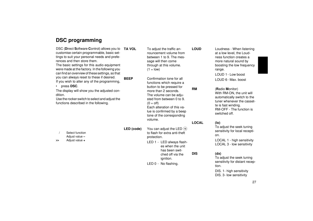 Blaupunkt RCR 45 operating instructions DSC programming, Ta Vol 