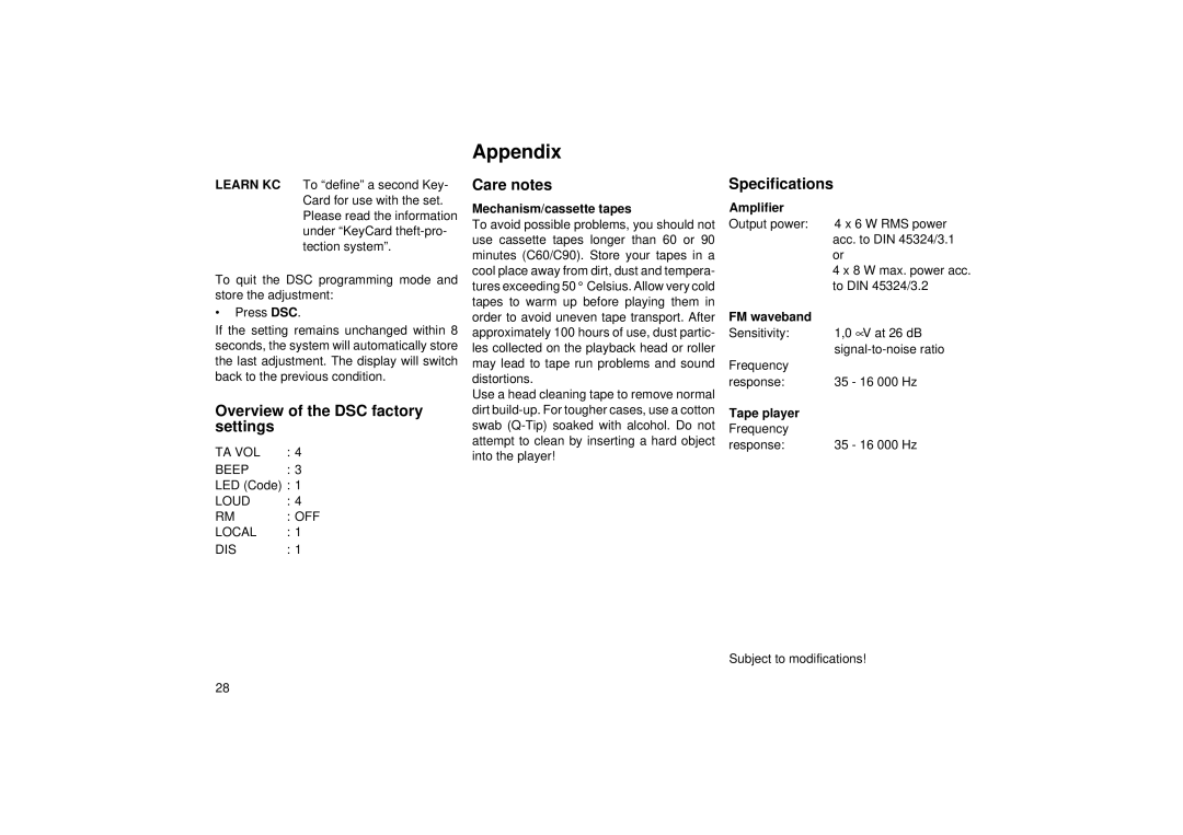 Blaupunkt RCR 45 operating instructions Appendix, Overview of the DSC factory settings, Care notes, Specifications 