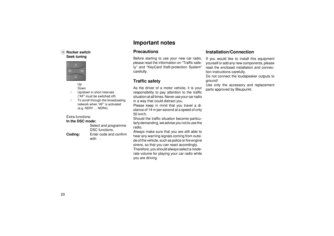 Blaupunkt RCR 45 Important notes, Precautions Installation/Connection, Traffic safety, Rocker switch Seek tuning, DSC mode 