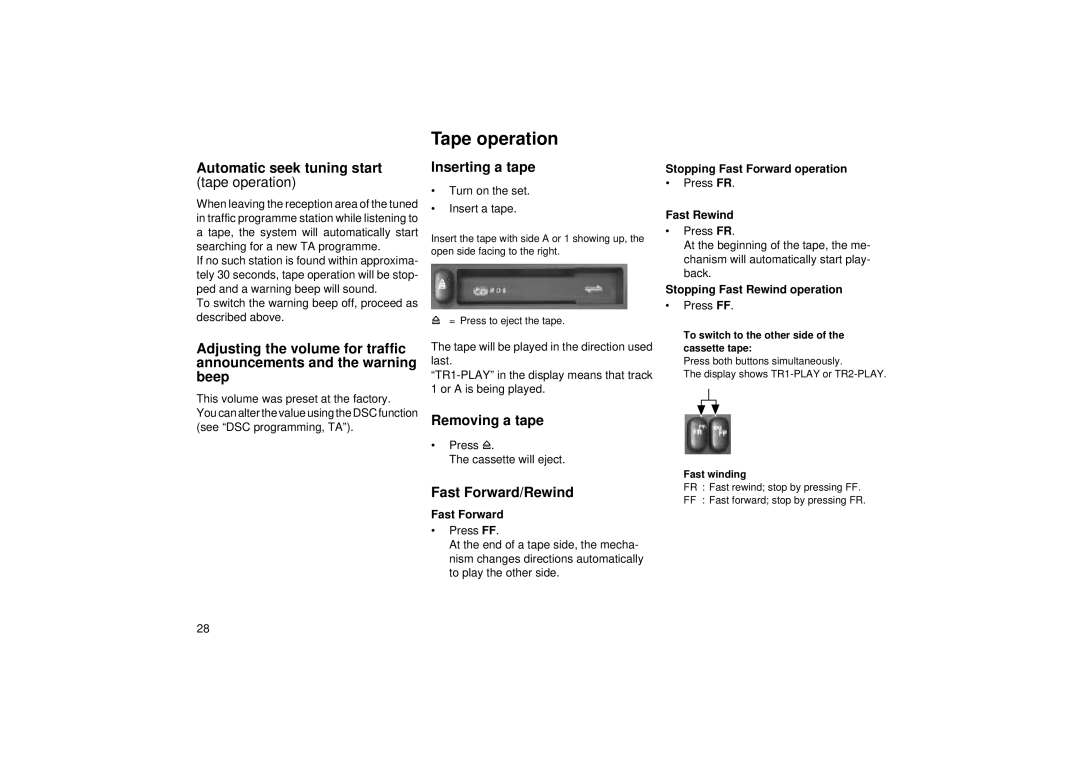 Blaupunkt RCR 45 Tape operation, Automatic seek tuning start, Inserting a tape, Removing a tape, Fast Forward/Rewind 