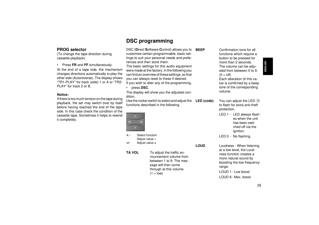 Blaupunkt RCR 45 operating instructions DSC programming, Prog selector, Beep, Loud 