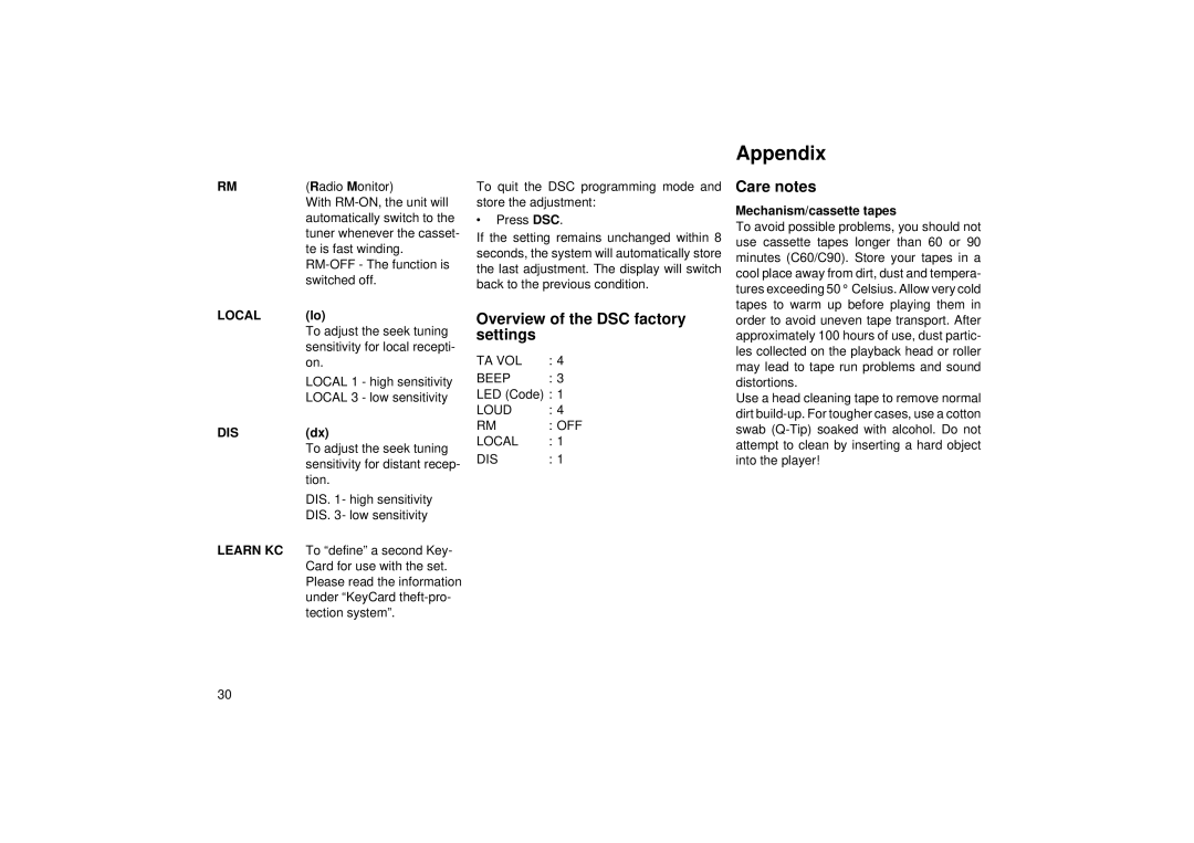 Blaupunkt RCR 45 operating instructions Appendix, Overview of the DSC factory settings, Care notes 