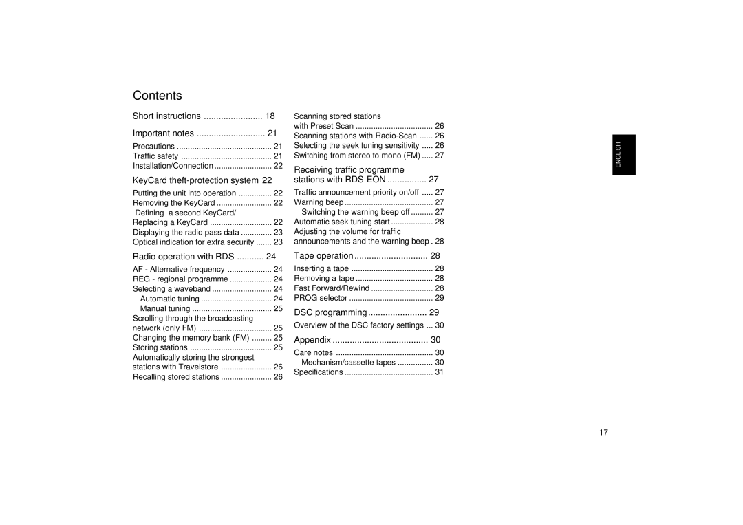 Blaupunkt RCR 45 operating instructions Contents 