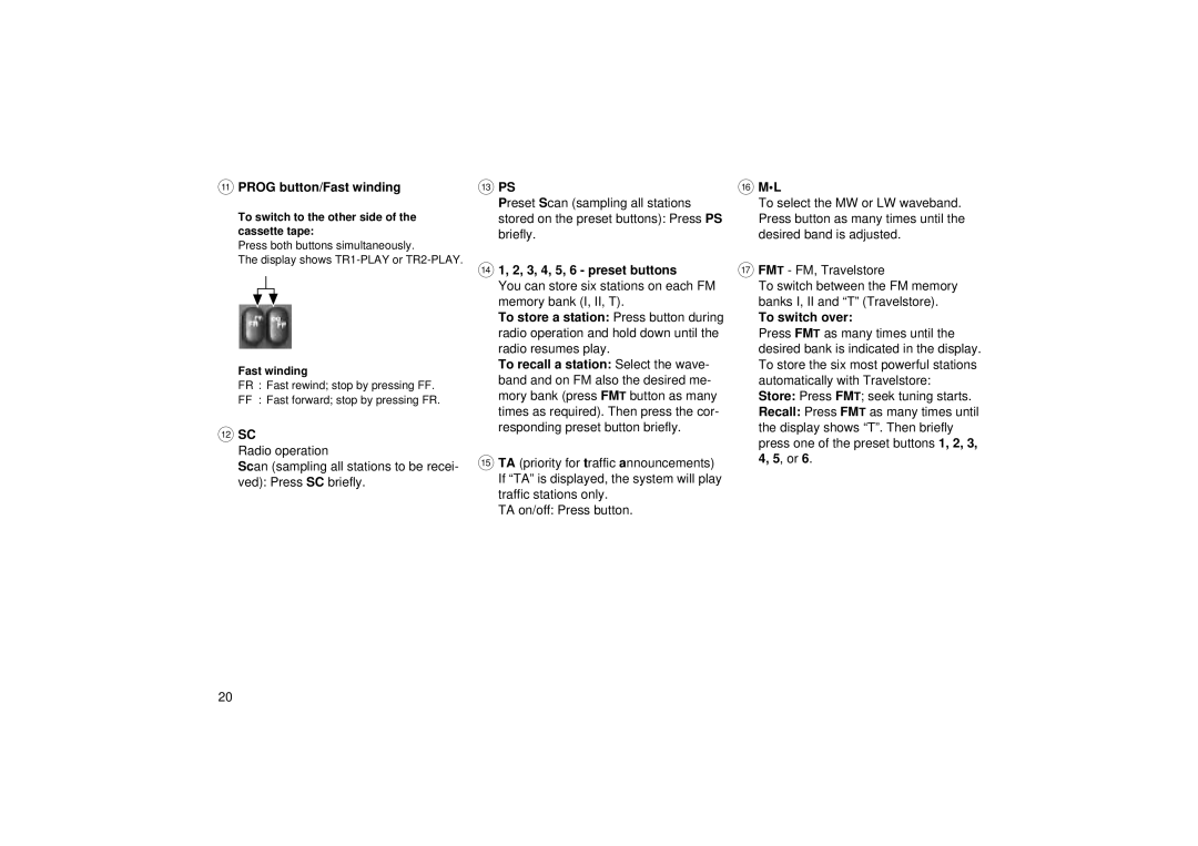 Blaupunkt RCR 45 operating instructions Prog button/Fast winding, = Ps, 3, 4, 5, 6 preset buttons, @ Ml, To switch over 