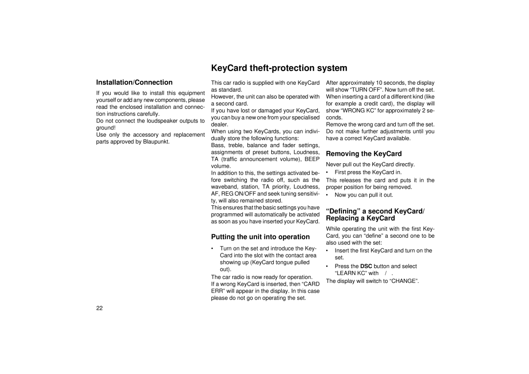 Blaupunkt RCR 45 KeyCard theft-protection system, Installation/Connection, Putting the unit into operation 