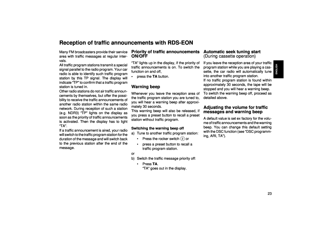 Blaupunkt RCR 45 Reception of traffic announcements with RDS-EON, Priority of traffic announcements, On/Off, Warning beep 
