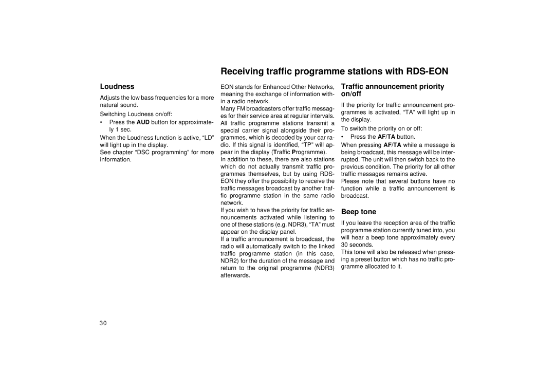 Blaupunkt RCR 127 Receiving traffic programme stations with RDS-EON, Loudness, Traffic announcement priority, On/off 