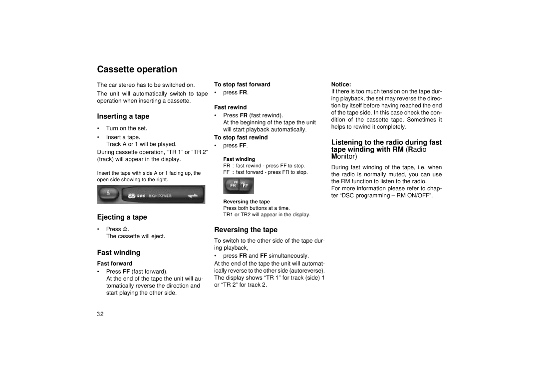 Blaupunkt RCR 127, RCR 87 Cassette operation, Inserting a tape, Ejecting a tape, Fast winding, Reversing the tape 