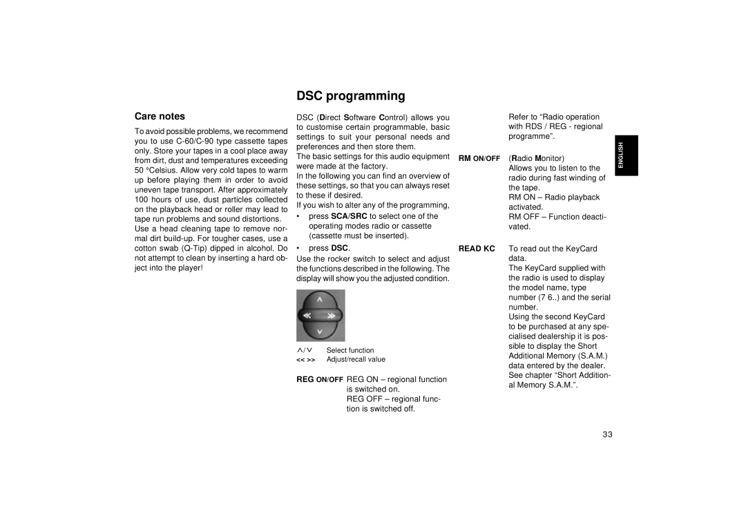 Blaupunkt RCR 87, RCR 127 operating instructions DSC programming, Care notes 