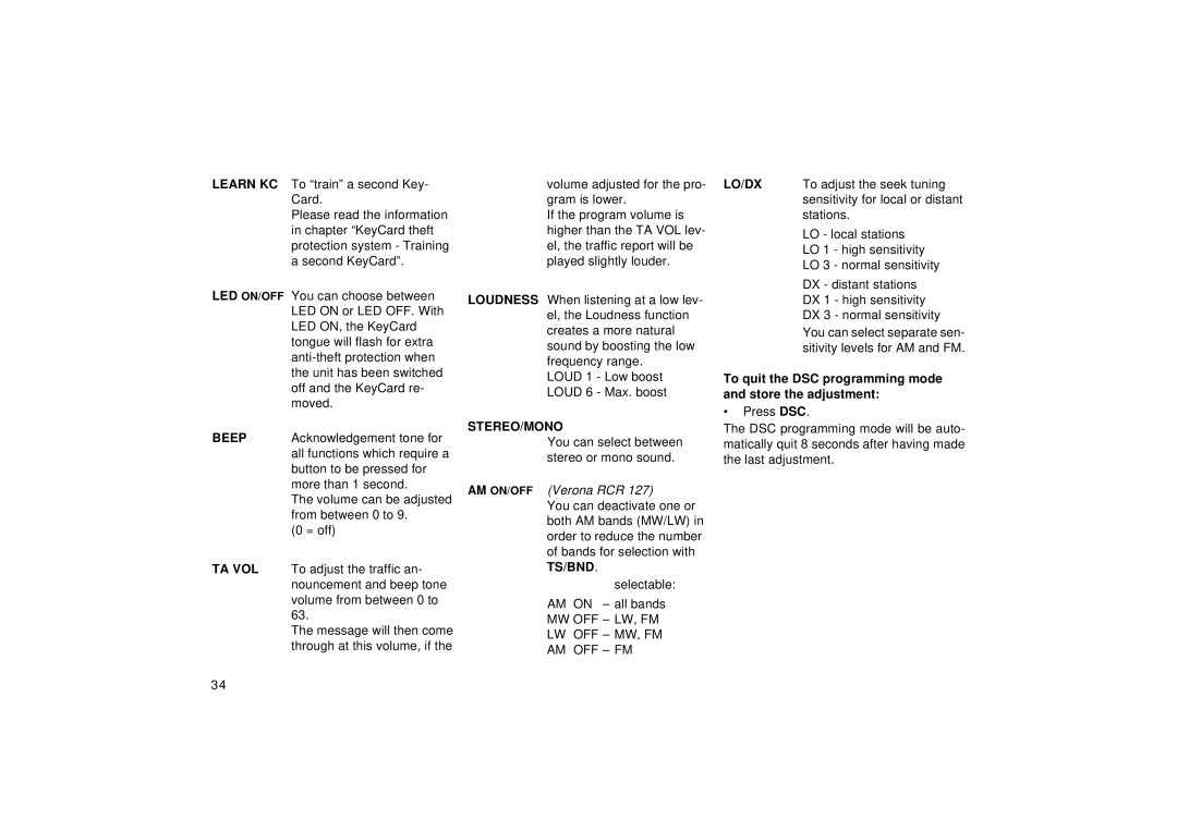 Blaupunkt RCR 127, RCR 87 operating instructions Stereo/Mono, To quit the DSC programming mode and store the adjustment 