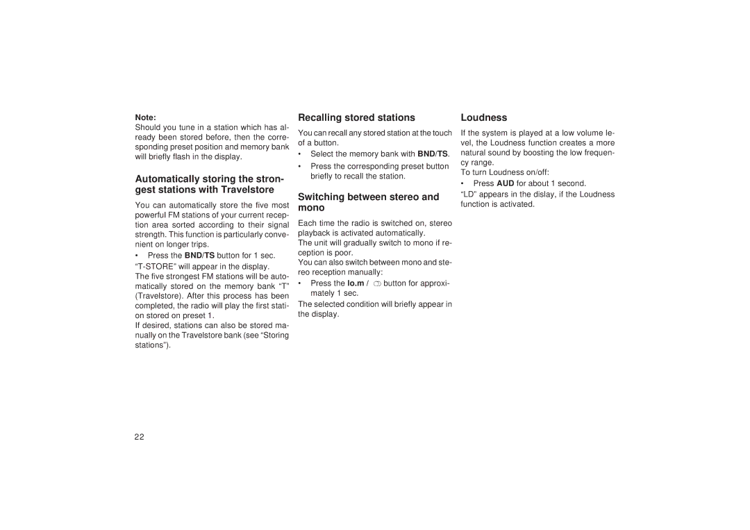 Blaupunkt RCR 87, RCR 27 operating instructions Recalling stored stations Loudness 